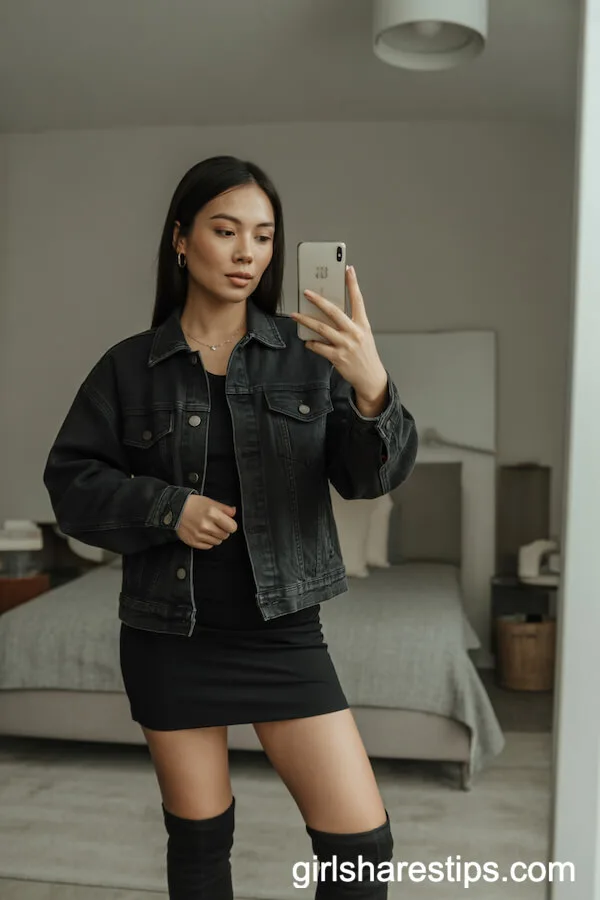 Black Denim Jacket with Black Mini Dress and Thigh-High Boots