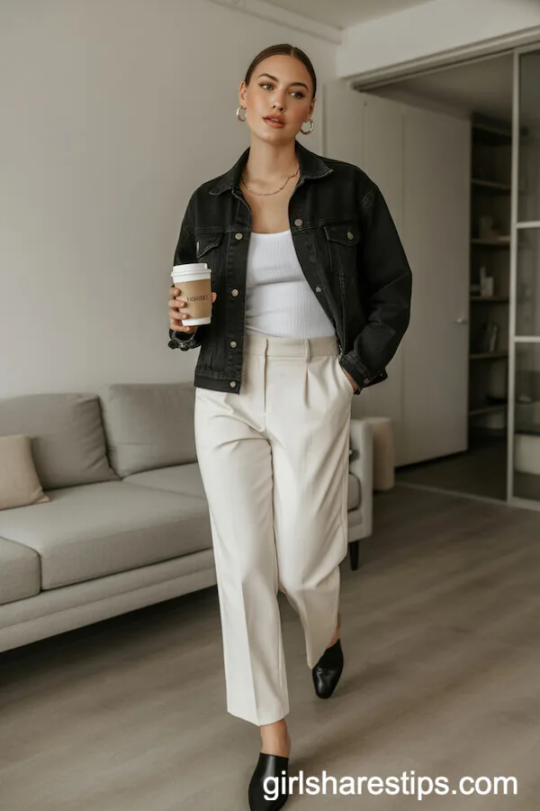 Black Denim Jacket with Ribbed White Tank and Tailored Pants