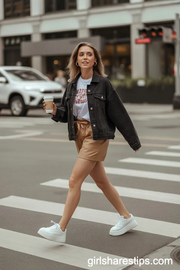 Black Denim Jacket Graphic Tee Tan Paper Bag Shorts Platform Sneakers