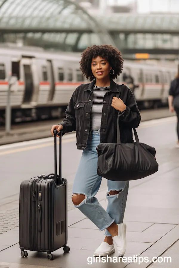 Black Denim Jacket, Striped Top, Distressed Jeans, and Slip-Ons for Travel