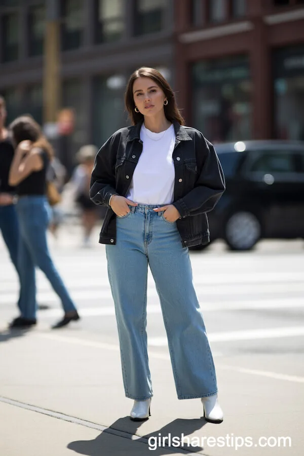 Black Denim Jacket with White T-Shirt and Light Blue Wide Leg Jeans