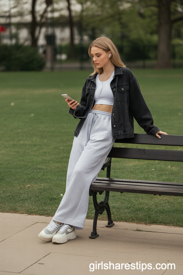 Black Denim Jacket, White Crop Top, Grey Wide Leg Sweatpants, Platform Sneakers