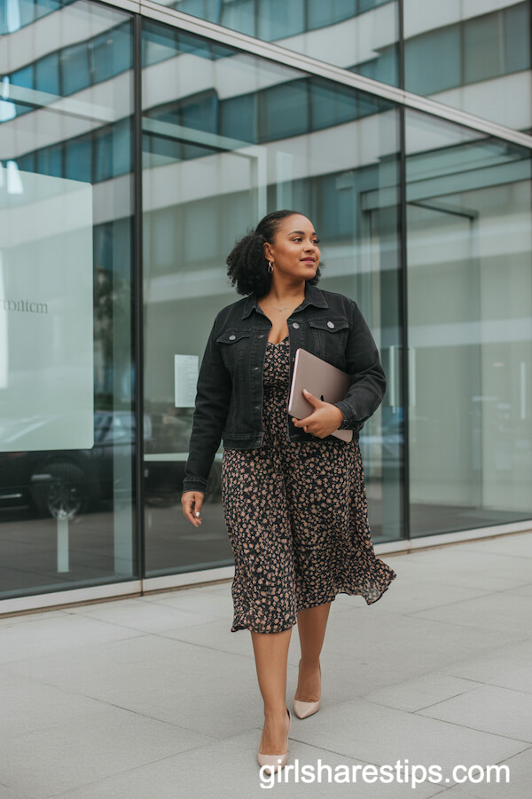 Black Denim Jacket Layered Over a Floral Midi Dress and Nude Heels