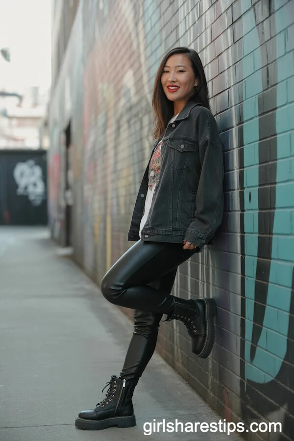 Fitted Black Denim Jacket with a Graphic Tee and Leather Leggings