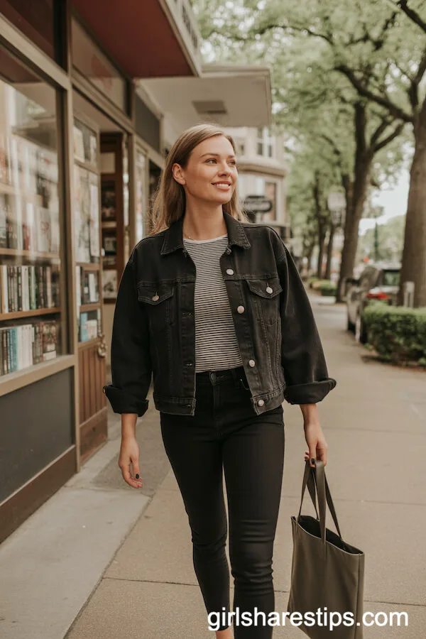 Black Denim Jacket with Striped Top and Skinny Jeans