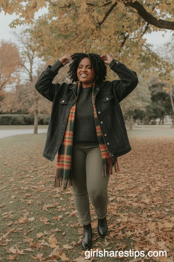 Black Denim Jacket over Chunky Knit Sweater and Olive Green Pants