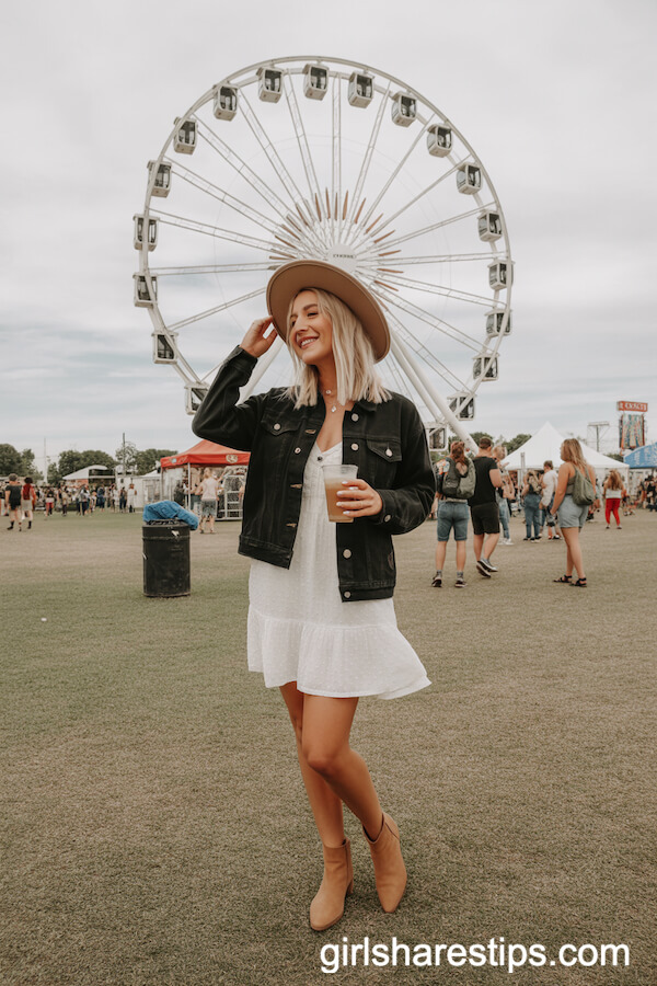 Black Denim Jacket with a White Boho Sundress and Tan Ankle Boots