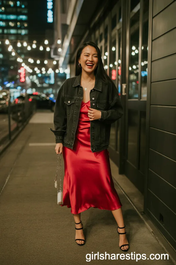 Black Denim Jacket Styled with a Red Silk Slip Dress