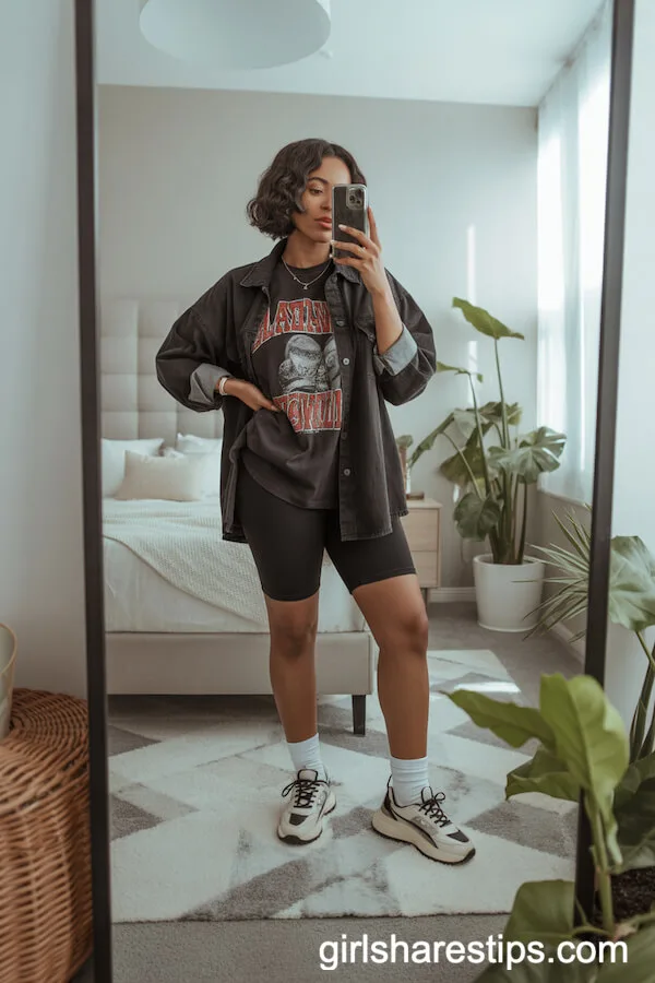 Black Denim Jacket Oversized T-Shirt Biker Shorts Chunky Sneakers