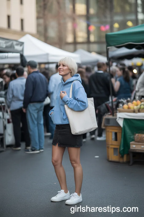 Soft Blue Hoodie with Black Denim Mini Skirt and Sneakers