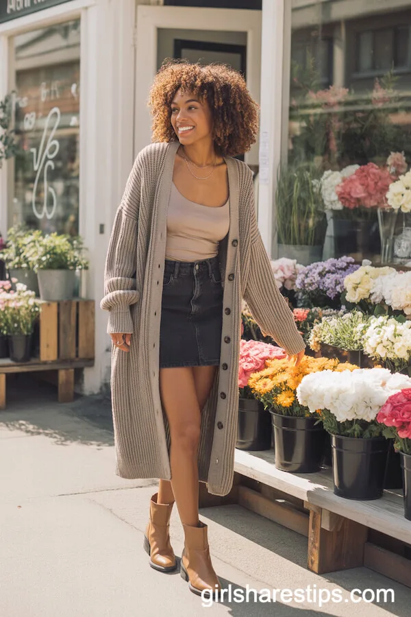 Chunky Knit Cardigan over Cami with Black Denim Skirt