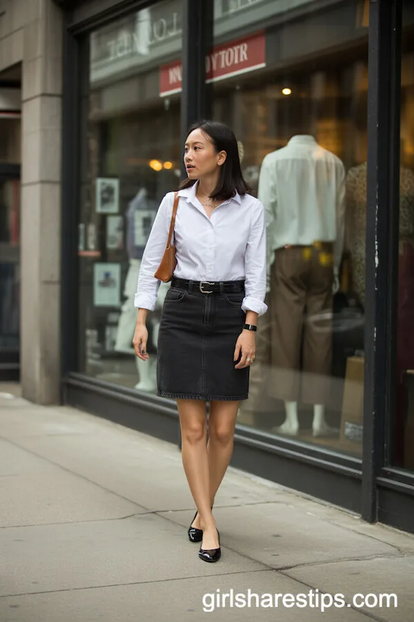 White Button-Down Shirt Tucked into Belted Black Denim Skirt