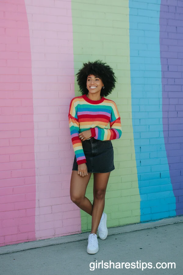 Rainbow-Striped Sweater with Black Denim Skirt and Sneakers