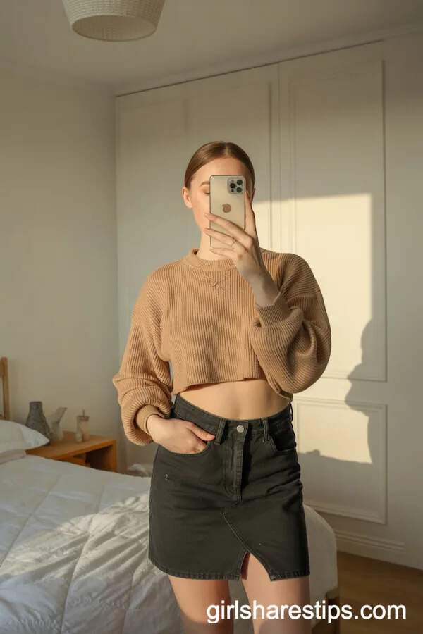 Cropped Tan Sweater with Black Denim Skirt