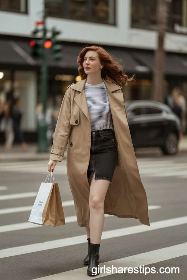 Striped Tee and Trench Coat with Black Denim Skirt