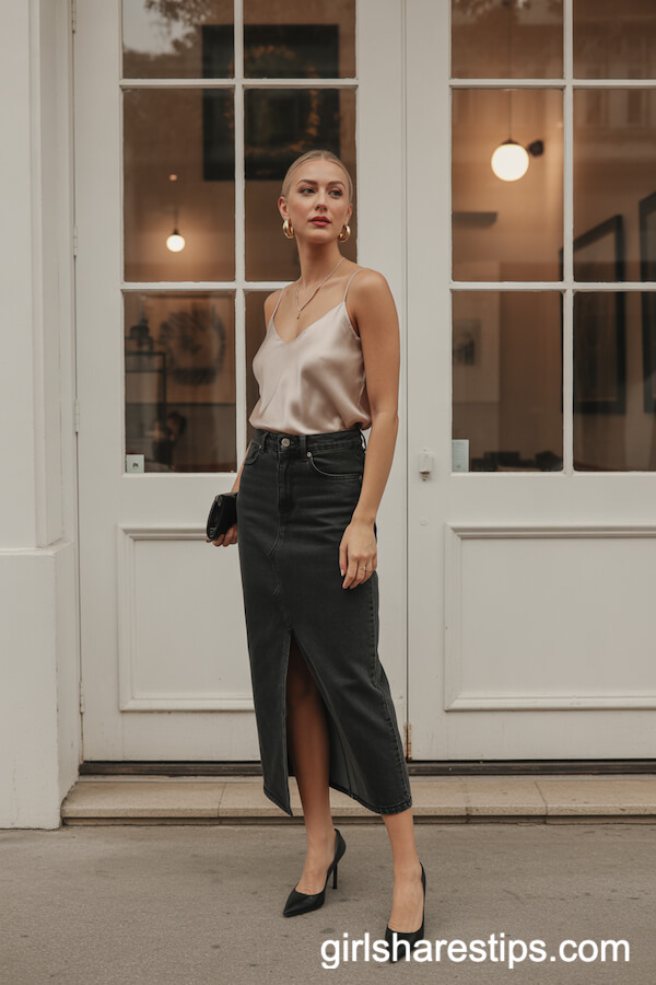 Champagne Silk Camisole with High-Waisted Black Denim Skirt