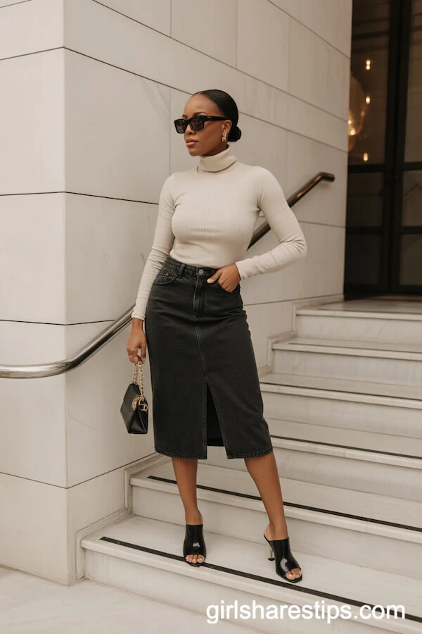 Cream Turtleneck with Straight-Cut Black Denim Skirt