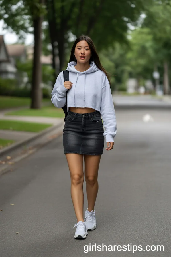 Cropped Hoodie with Black Denim Mini Skirt and Sneakers