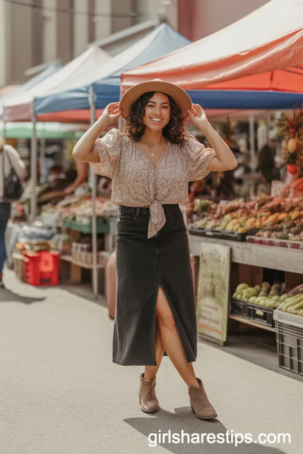 Flowy Floral Blouse Tucked into Black Denim Skirt