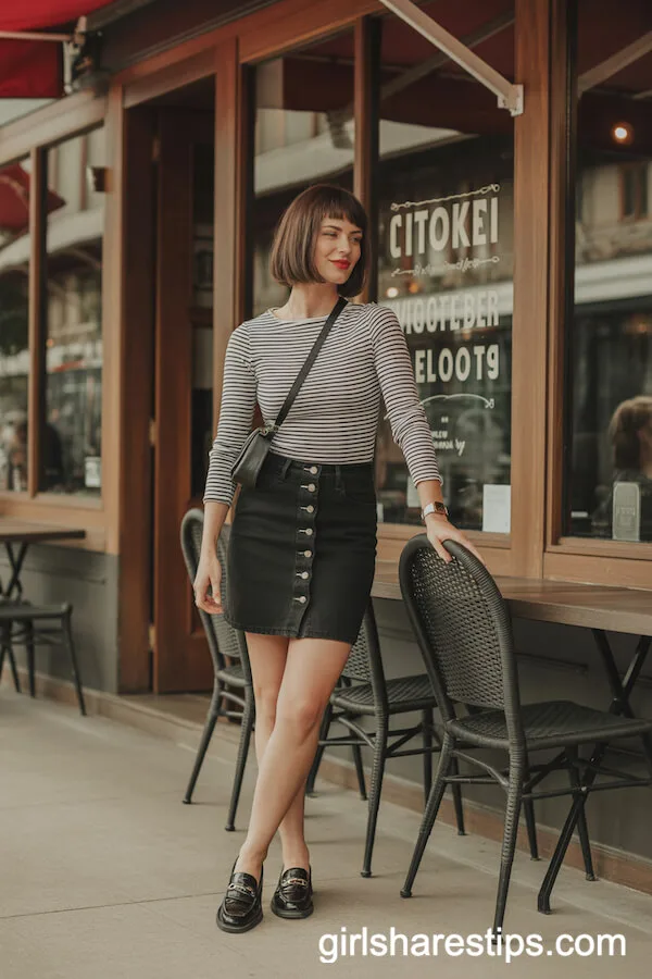 Striped Fitted Top with Button-Front Black Denim Skirt