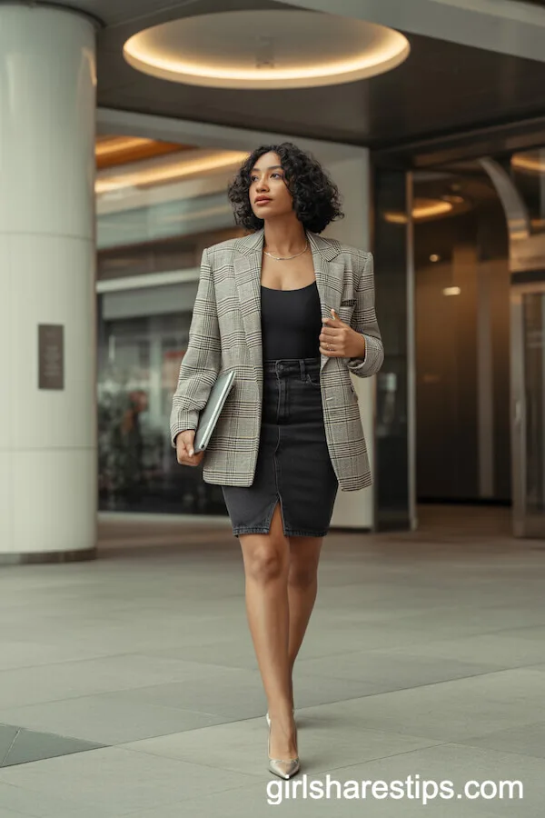 Plaid Blazer over Black Bodysuit and Black Denim Skirt