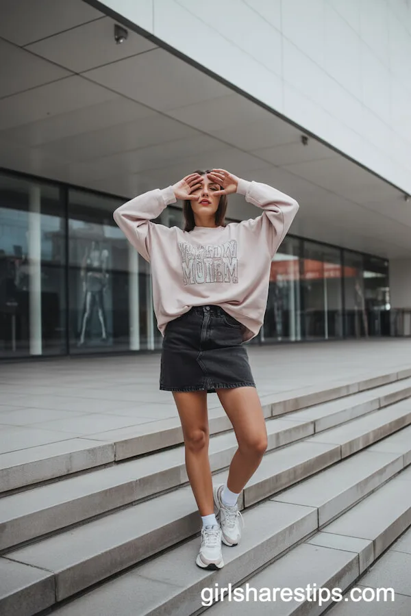 Oversized Pastel Sweatshirt with Black Denim Mini Skirt