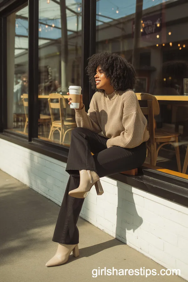 Black Flare Jeans with Chunky Beige Sweater and Heeled Sock Boots