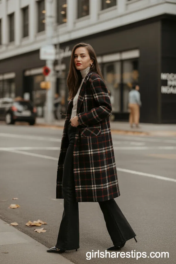 Black Flare Jeans with a Plaid Statement Coat, Mock Neck Sweater, and Pointed Boots