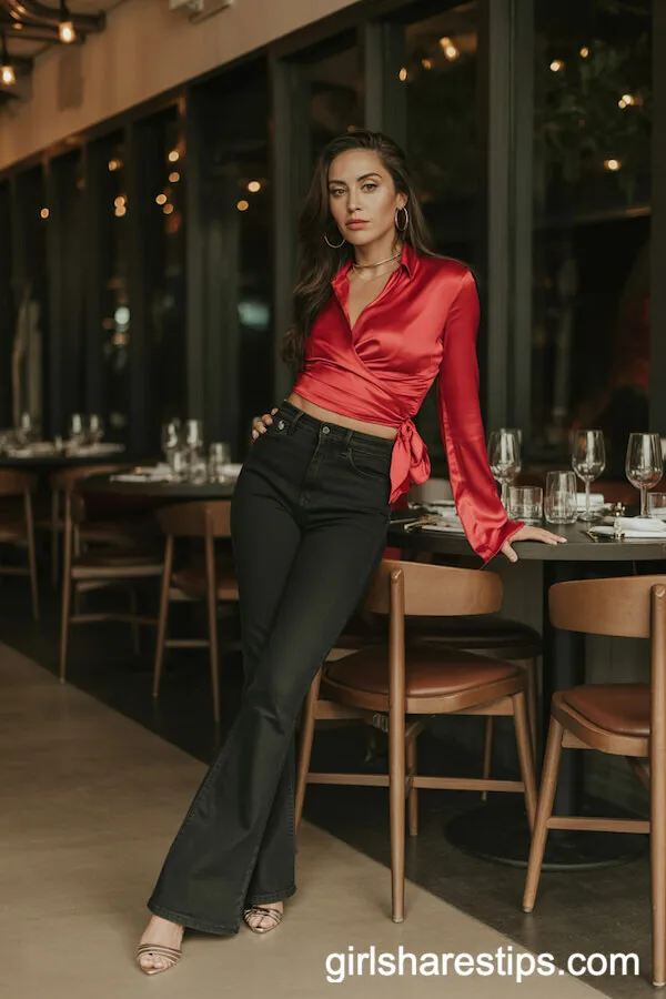 Black Flare Jeans with a Red Satin Wrap Blouse, Stiletto Heels, and Gold Jewelry
