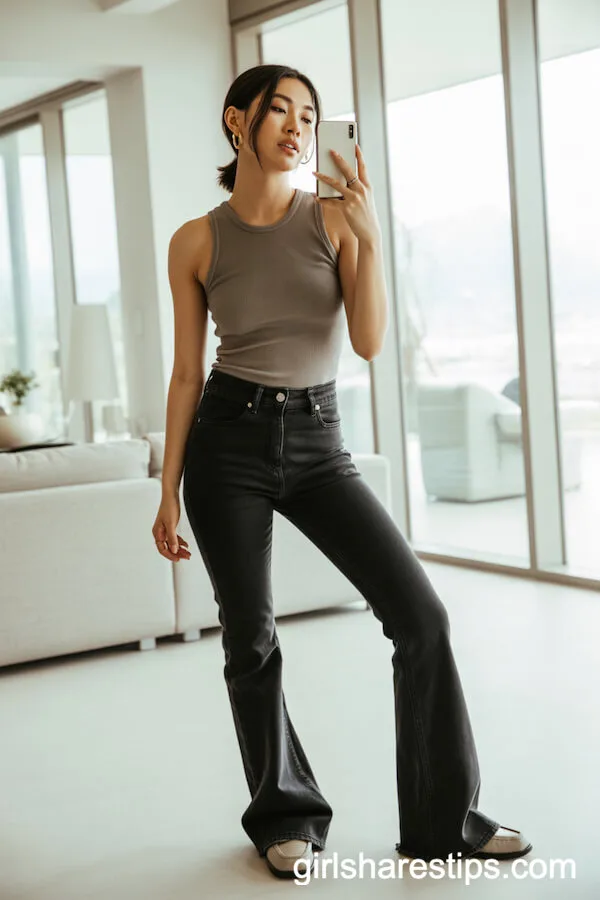 Black Flare Jeans with a Fitted Ribbed Tank Top and Slip-On Loafers