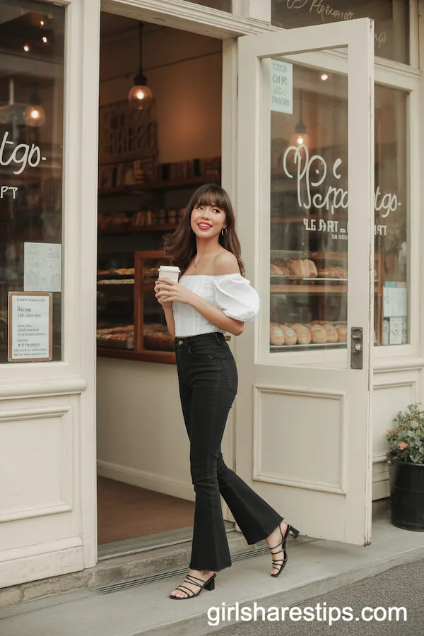 Black Flare Jeans with a White Off-Shoulder Puff Sleeve Top and Strappy Block Heels