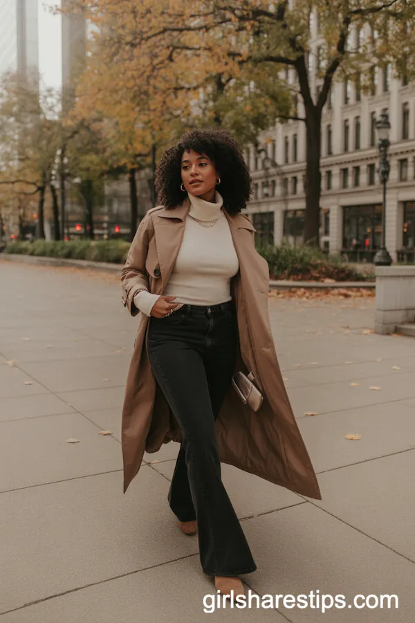 Black Flare Jeans with a Light Brown Trench Coat, Cream Turtleneck, and Ankle Boots