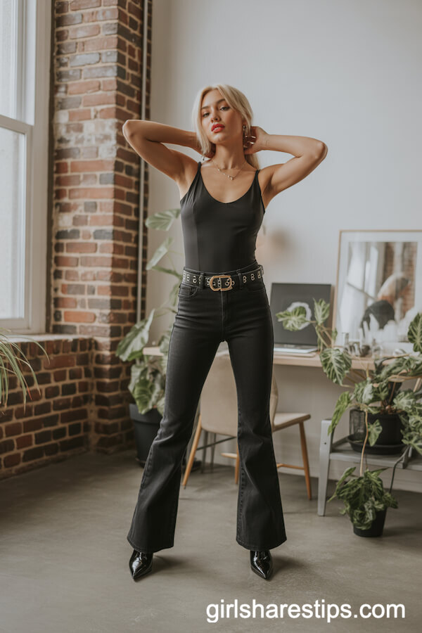 Black Flare Jeans with a Fitted Black Bodysuit, Statement Belt, and Pointed Boots