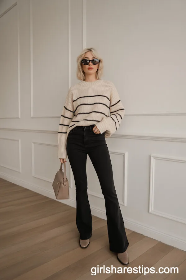 Black Flare Jeans with a Cream-Colored Knit Sweater, Black Stripes, and Taupe Ankle Boots