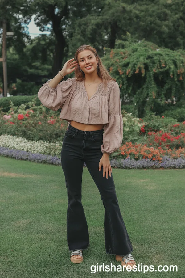 Black Flare Jeans with a Flowy Cropped Bohemian Blouse and Platform Sandals