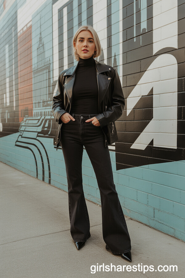 Black Flare Jeans with a Fitted Black Turtleneck, Leather Jacket, and Pointed Boots