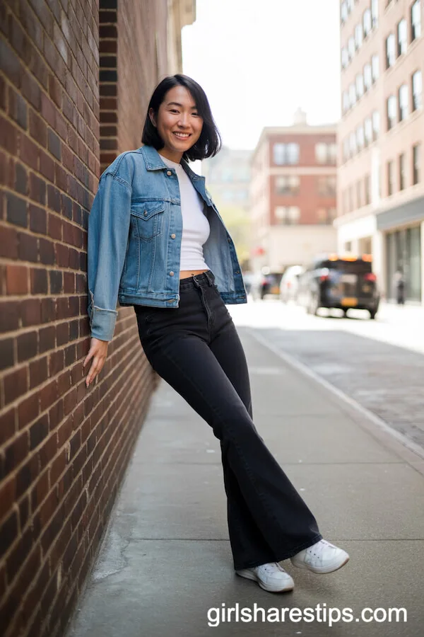 Black Flare Jeans with a Cropped Denim Jacket, White Tee, and White Sneakers
