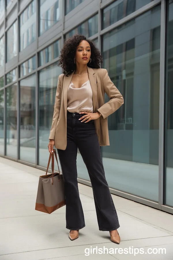 Black Flare Jeans with a Tan Blazer, Silky Camisole, and Pointed Pumps