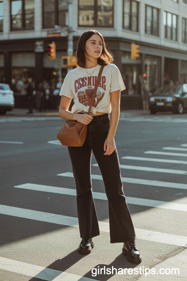 Black Flare Jeans with a Tucked-In Vintage Graphic T-Shirt and Lug-Sole Boots