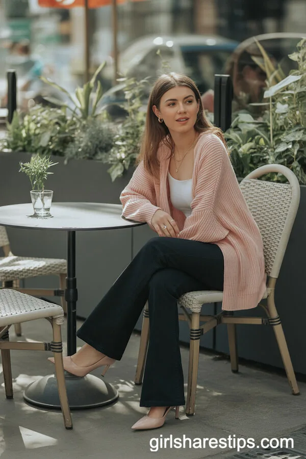 Black Flare Jeans with a Pastel Pink Cardigan, White Camisole, and Nude Heels