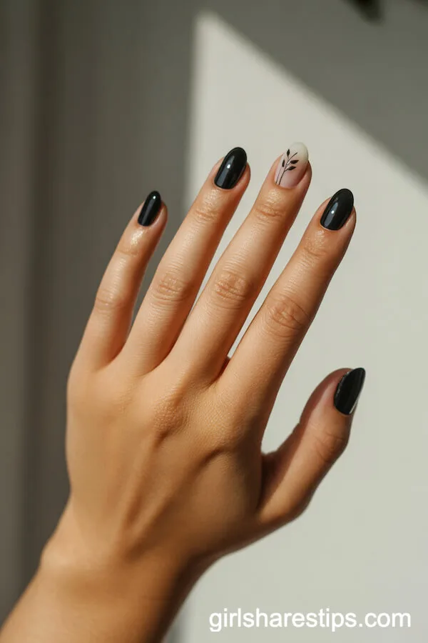 Black Short Nails with Single White Floral Stem Accent