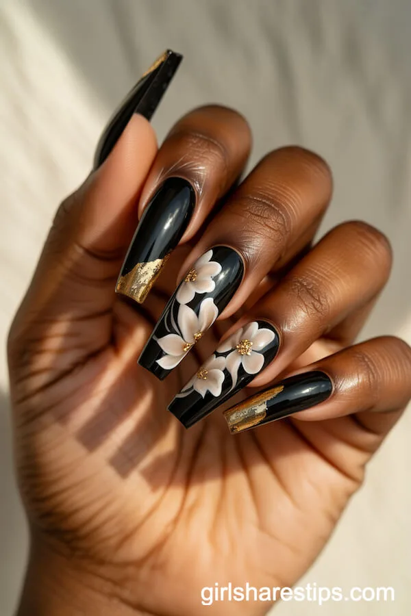 Glossy Black Coffin Nails with Ivory Florals and Gold Foil