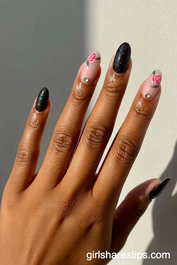 Black Glitter Ballerina Nails with Pink Rose and Rhinestone Details