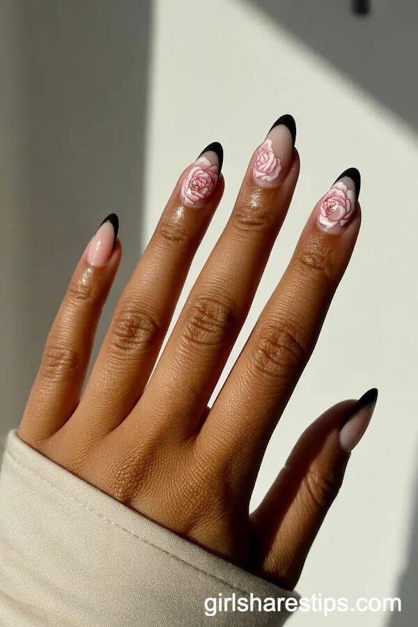 Black French Tip Almond Nails with Peony Floral Art