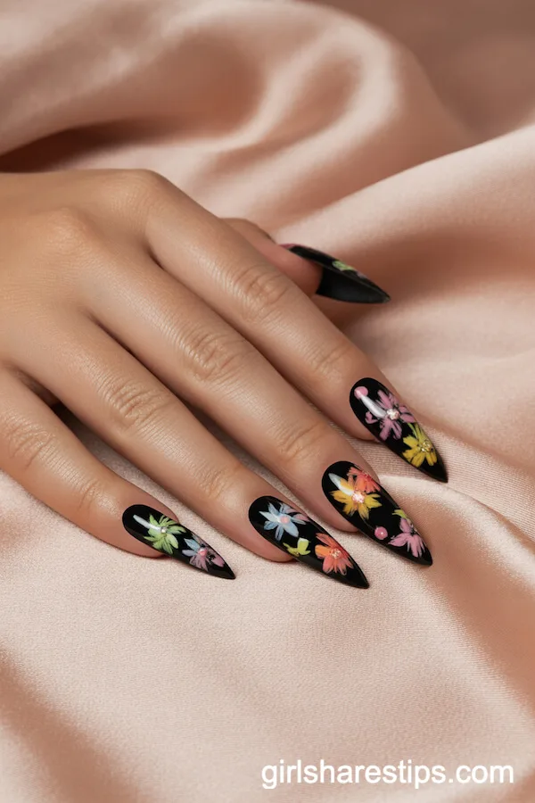 Glossy Black Stiletto Nails with Multicolored Summer Garden Florals