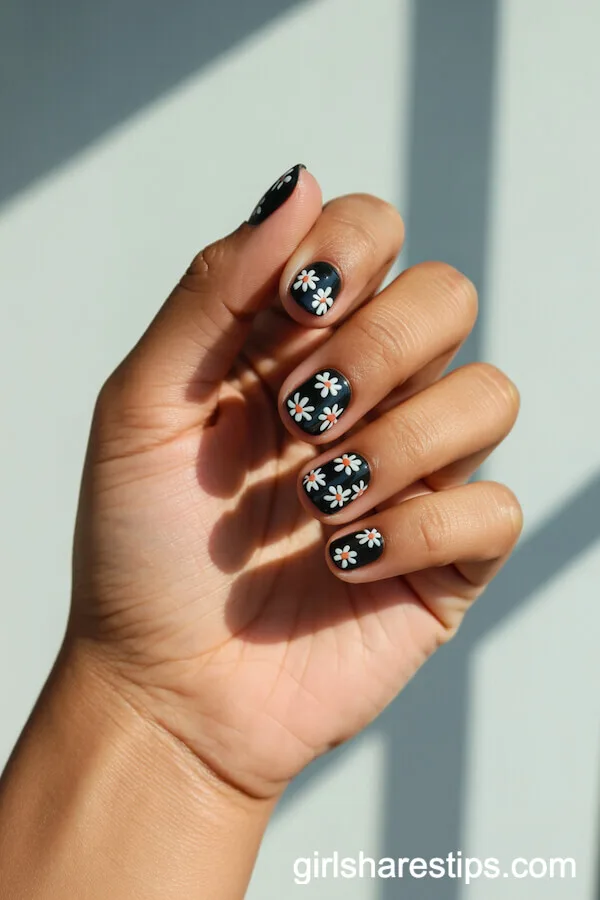Short Black Round Nails with Tiny White Daisy Designs