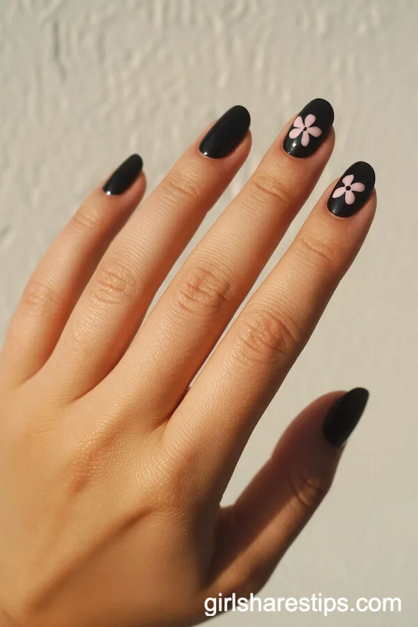 Black Natural Nails with Baby Pink Blossom Accent