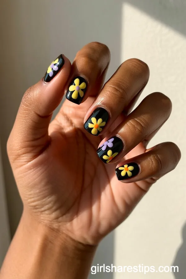 Black Square Nails with Cute Cartoon Yellow and Purple Florals