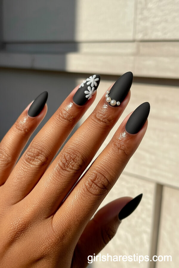 Matte Velvet Black Almond Nails with 3D White Florals and Pearls