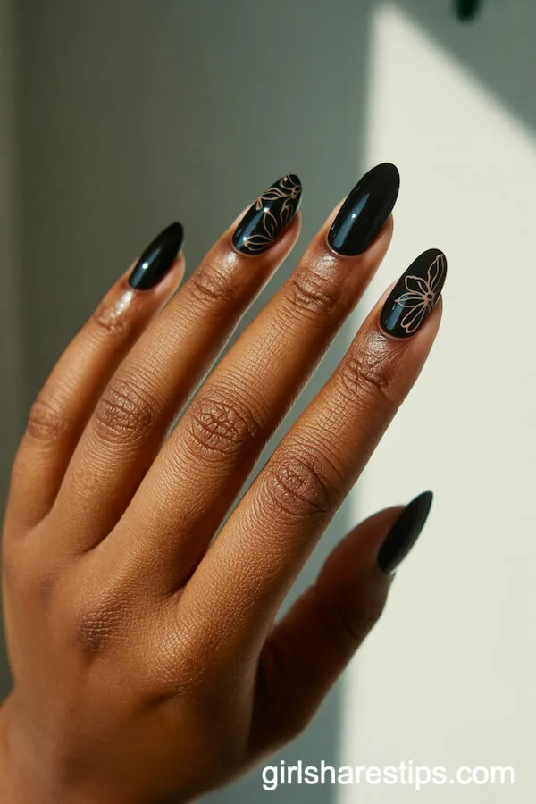Ballerina Nails: Glossy Black and Gold Floral Line Art